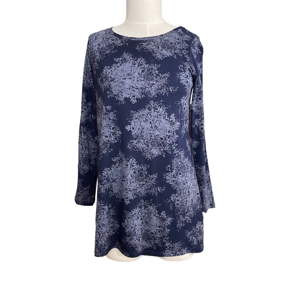 J Jill Pure Jill Super Soft Navy Floral Top Size Small Petite Long Sleeve A-Line